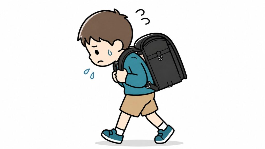 重いランドセルを背負い困った表情の男の子