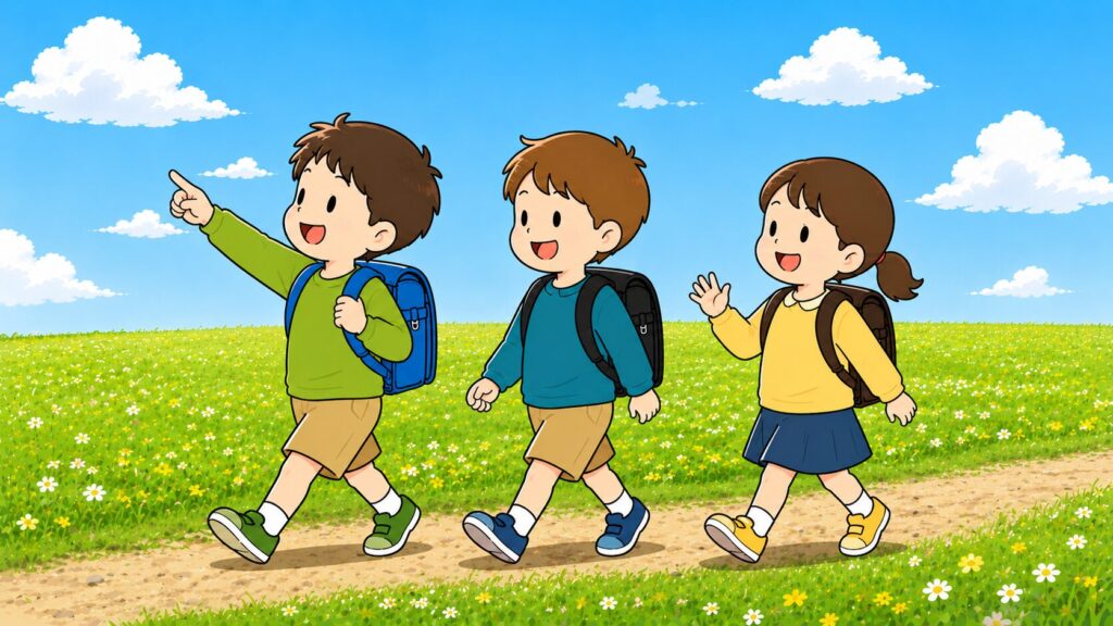 ランドセルを背負って元気に笑顔で通学する子どもたち
